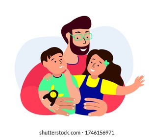 Happy Smiling Father,Daughter,Son Playing.Young Adult Parent.Baby Girl,Son Sit on Dad Hands.Man Entertain with Little Child Kids.Caring Papa.Family Relatives Have Fun Together.Flat Vector Illustration