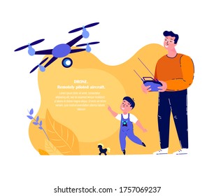 Happy Smiling Father,Son Flying Drone.Fathers Day. Young Parent,Baby Boy Sit on Dad Shoulders. Remotely Piloted Aircraft. Little Child Kid. Family Relatives Have Fun Together. Flat Vector Illustration