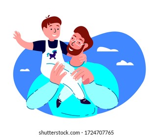 Happy Smiling Father,Son Playing.Young Adult Parent.Baby Boy Sit on Dad Shoulders. Man Communicate with Child, Protect Kid.Child,Caring Papa.Family Relatives Have Fun Together.Flat Vector Illustration