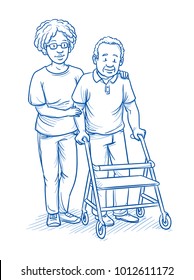 Happy smiling female carer or nurse and elderly male patient with a walker. Mixed ages and ethnic groups. Hand drawn line art cartoon vector illustration.