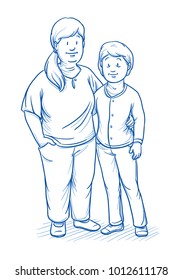 Happy smiling female carer, nurse or mother and young female patient or daughter with down syndrome. Mixed ages. Hand drawn line art cartoon vector illustration.