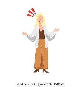Happy smiling female character surrounded by exclamation marks, flat vector illustration isolated on white background. Happiness and positive thinking gesture.