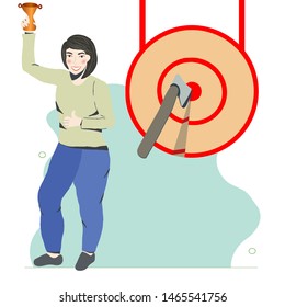 Happy smiling female standing with a gold trophy by hatchet in the target. Business achievement concept. vector