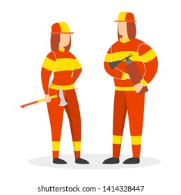 Happy smiling firefighter couple. Brave woman and man standing together in firefighter uniform. Danger profession. Isolated vector illustration in cartoon style