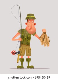 Happy smiling fisherman character hold many fish. Vector flat cartoon illustration