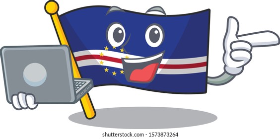 Happy smiling flag cape verde cartoon character working with laptop