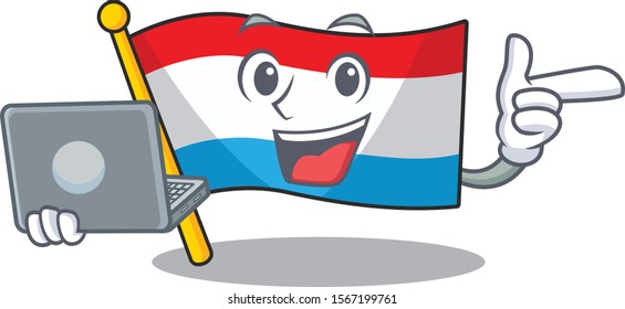 Happy smiling flag luxembourg cartoon character working With laptop