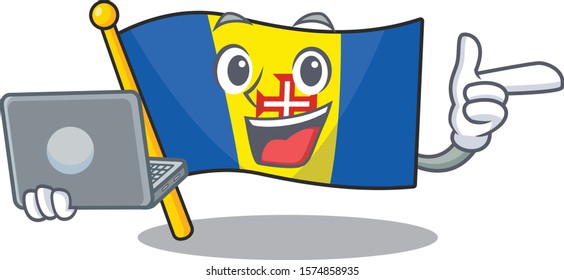 Happy smiling flag madeira cartoon character working with laptop