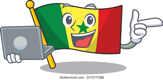 Happy smiling Flag Senegal cartoon character working with laptop