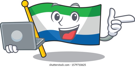 Happy smiling flag sierra leone cartoon character working with laptop