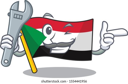 Happy smiling flag sudan mechanic cartoon character