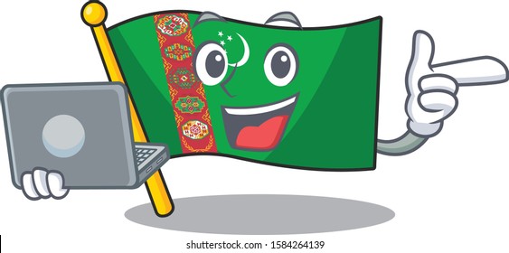Happy smiling flag turkmenistan cartoon character working with laptop