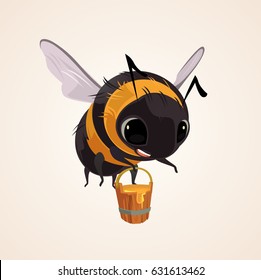 Happy smiling flying bee character mascot hold wooden bucket full of honey. Vector flat cartoon illustration
