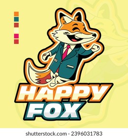 Happy or smiling fox mascot vector illustration wearing suit and tie logo with dummy text on colorful background.