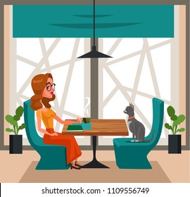 Happy smiling freedom woman character drinking coffee with cat. Pet lovers concept flat cartoon design graphic isolated illustration