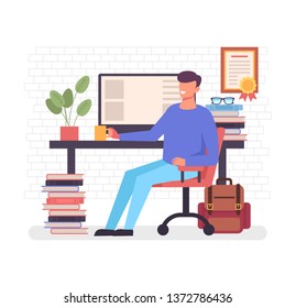 Happy smiling freelance worker man character sitting at computer drinking coffee and relax. Home workplace workspace concept. Vector flat cartoon graphic design illustration