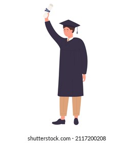 Happy smiling fresh graduated boy with diploma. University graduation coat and cap cartoon vector illustration