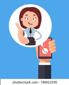 Happy smiling friendly office worker woman manager call. Online web internet communication by smartphone concept. Vector flat cartoon illustration