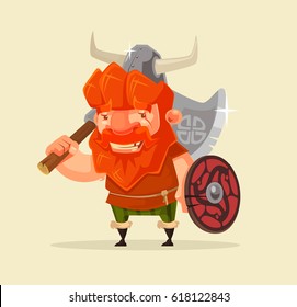 Happy smiling friendly viking man character mascot. Vector flat cartoon illustration