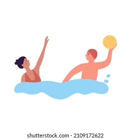 Happy smiling friends playing in sea with water ball. Summer holiday having fun on beach cartoon vector illustration