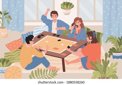 Happy Smiling Friends Spending Weekend Together Indoor, Playing Table Games And Enjoying Each Other Vector Flat Illustration. Group Of People Playing Board Games With Cards And Desktop Field.