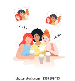 Happy smiling friends taking selfie picture in a cafe. Group of laughing people. Isolated vector illustration.