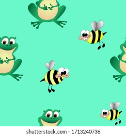 Happy smiling frogs and funny bees on the light green background. A vector pattern.