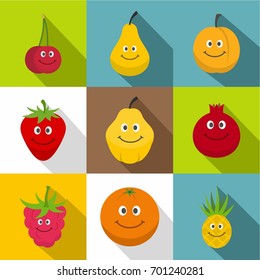 Happy smiling fruit icons set. Flat set of 9 happy smiling fruit vector icons for web with long shadow