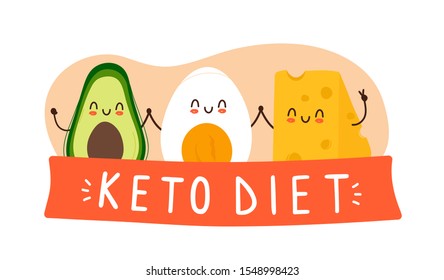 Happy smiling funny cute avocado, boiled egg and cheese holding hands with Keto Diet lettering underneath. Vector flat cartoon character illustration icon design. Ketogenic diet concept.