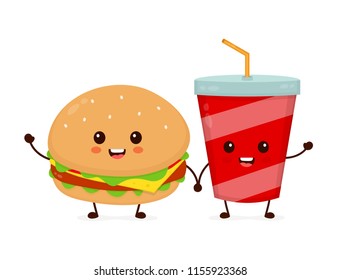 Happy smiling funny cute burger and soda friends. Vector flat cartoon character illustration icon design. Isolated on white background. Soda, burger,fast food cafe, junk food concept
