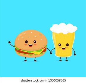 Happy smiling funny cute burger and glass of beer friends. Vector flat cartoon character illustration icon design. Burger,glass of beer,fast food,bar,pub,cafe menu concept