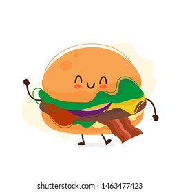 Happy smiling funny cute burger. Vector flat cartoon character illustration icon design. Isolated on white background. Burger, fast food cafe, junk food concept.