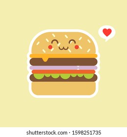 Happy smiling funny cute burger. Vector flat cartoon character illustration icon design. Isolated on color background. Burger, fast food cafe, junk food, restaurant, resto