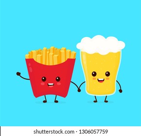 Happy smiling funny cute glass of beer and french fries friends. Vector flat cartoon character illustration icon design. Glass of beer,french fries,fast food,bar,pub,cafe concept
