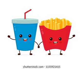 Happy smiling funny cute soda and french fries friends. Vector flat cartoon character illustration icon design. Isolated on white background. Soda,burger,fast food cafe, junk food concept