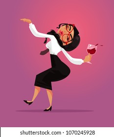 Happy smiling funny drunk woman office worker manager collar employee have fun and drink alcohol wine. Corporate business party and alcoholism bad habit addiction concept. Vector flat cartoon graphic 