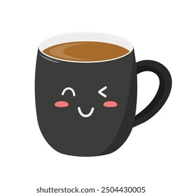 Happy smiling funny kawaii cup of tea. Black Kawaii cup emoji. Isolated on a light background. Vector illustration in flat cartoon style.
