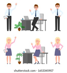 Happy, smiling, funny office worker man and blonde woman vector illustration. Front view standing with notes, waving hello, leaning on table boy and girl cartoon character set