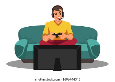 Happy Smiling Gamer Wearing Headset Playing Video Game With Joystick Sitting Front Of Tv. Cyber Sport. Competition And Tournament. Television, Sofa, Human Person Isolated On White Background