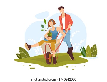 Happy smiling gardeners people. Couple of farmers agricultural workers. Man rides girl on a garden wheelbarrow. Woman holds plants and flowers. Flat cartoon colored vector illustration.