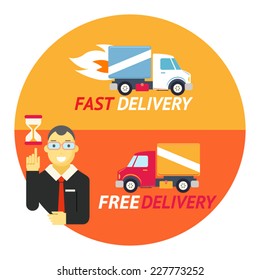 Happy Smiling Geek Businessman with Hourglass Sandglass Timer Fast Free Delivery Symbol Shipping Truck Flat Design Icon on Stylish Background Template Vector Illustration