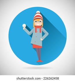 Happy Smiling Geek Hipster Girl Character with Snowball New Year Christmas symbol Icon Greeting Card flat vector illustration