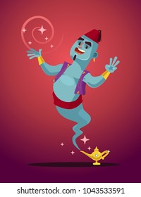 Happy Smiling Genie Man Mascot Character From Magic Lamp. Vector Flat Cartoon Illustration