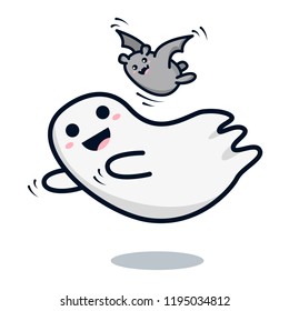 Happy smiling Ghost flying with a funny bat