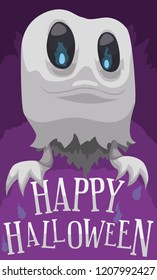 Happy smiling ghost with sharp hands like claws staring at you with a fiendish wildfire in its eyes during Halloween celebration.