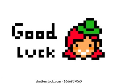 Happy smiling ginger leprechaun girl in a green hat and good luck wish, Saint Patrick's Day pixel art icon isolated on white background. 8 bit old school vintage retro slot machine/video game graphics