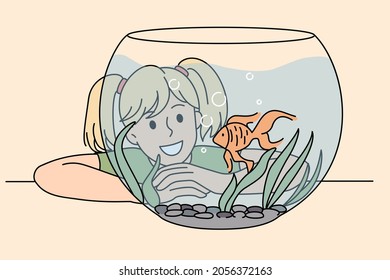 Happy Smiling Girl Admiring Golden Cute Fish In Glass Aquarium. Vector Concept Illustration Of Child Happy Moment With Domestic Pet.