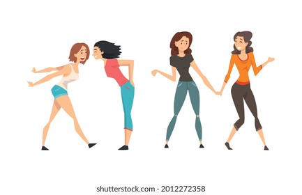 Happy Smiling Girl as Best Friends Spending Time Together Talking and Gossiping Vector Set
