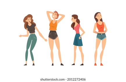 Happy Smiling Girl as Best Friends Spending Time Together Talking and Gossiping Vector Set