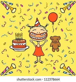 Happy smiling girl with birthday cake, bear, balloon and confetti, vector